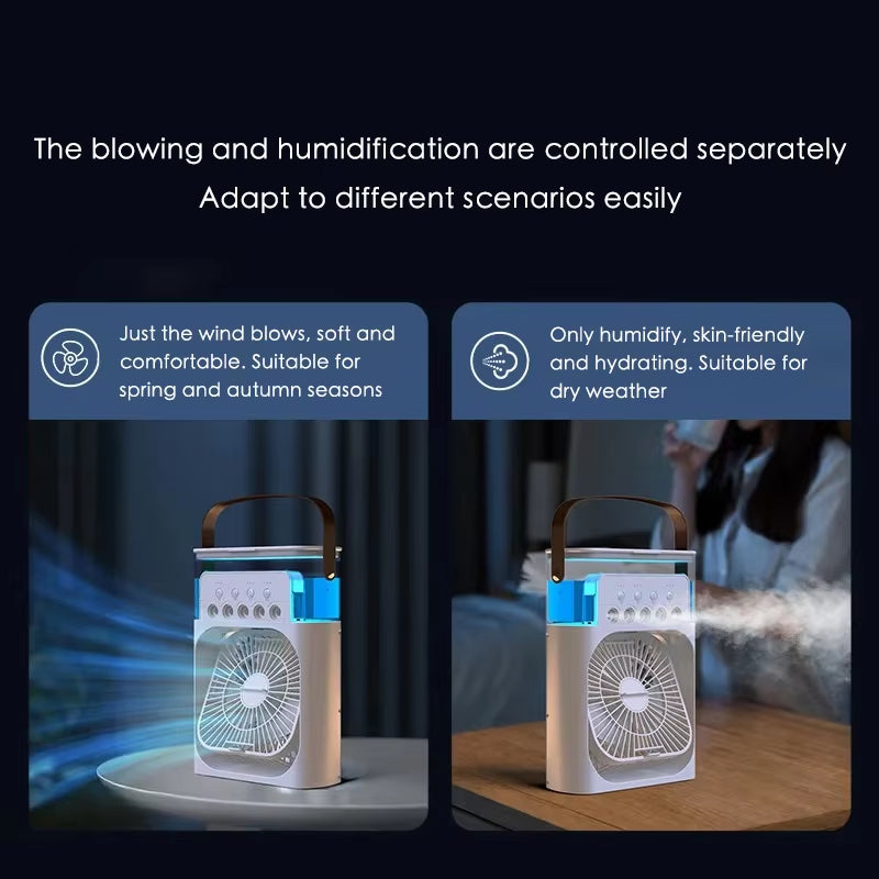 Stay Cool Anywhere with the 3-in-1 Portable Mini Fan: Air Cooler, Humidifier & LED Light for Home, Office & Travel