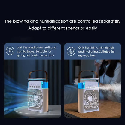 Stay Cool Anywhere with the 3-in-1 Portable Mini Fan: Air Cooler, Humidifier & LED Light for Home, Office & Travel