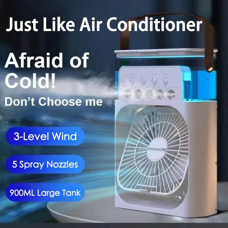 Stay Cool Anywhere with the 3-in-1 Portable Mini Fan: Air Cooler, Humidifier & LED Light for Home, Office & Travel