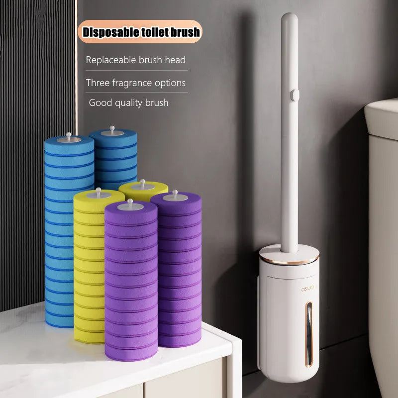 Transform Your Bathroom with Our Wall-Mounted Disposable Toilet Brush - Complete Cleaning Kit with Replacement Heads!