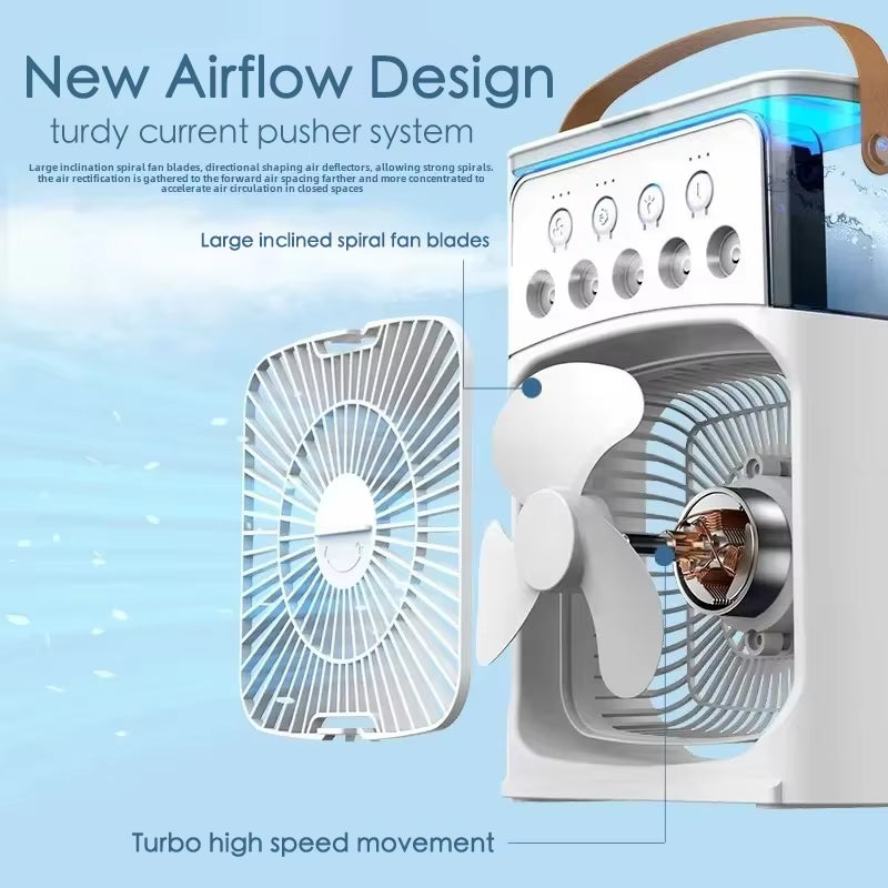 Stay Cool Anywhere with the 3-in-1 Portable Mini Fan: Air Cooler, Humidifier & LED Light for Home, Office & Travel