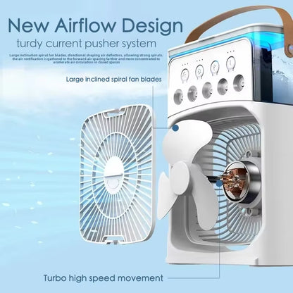 Stay Cool Anywhere with the 3-in-1 Portable Mini Fan: Air Cooler, Humidifier & LED Light for Home, Office & Travel